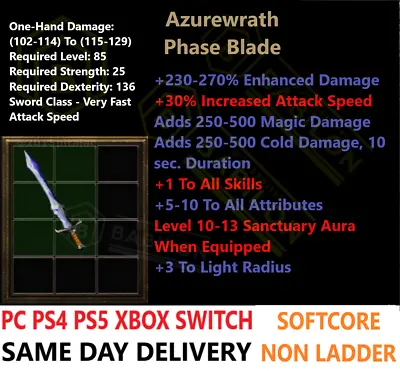 ✅ PC PS4 PS5 XBOX SWITCH ✅ Azurewrath Phase Blade Diablo 2 Resurrected Items D2R • $3.90