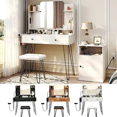 TC-HOMENY Makeup Vanity Set With Mirror +Stool+Power Station Dressing Table Desk • $140.99