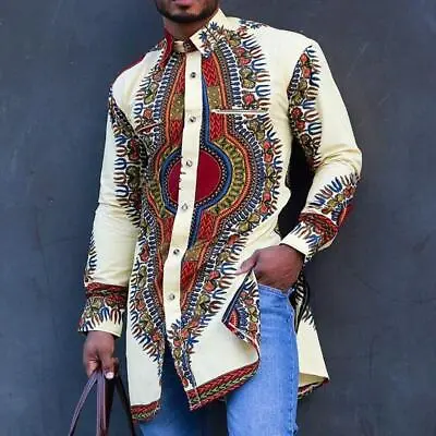 Mens Long Sleeve Longline African Dashiki Dress Shirt Ethnic Totem Print Tops • $17.13