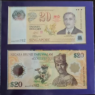 SINGAPORE BRUNEI 20 DOLLARS 2007 Commemorative Set UNC POLYMER 2 NOTE + FOLDER • $1299.99