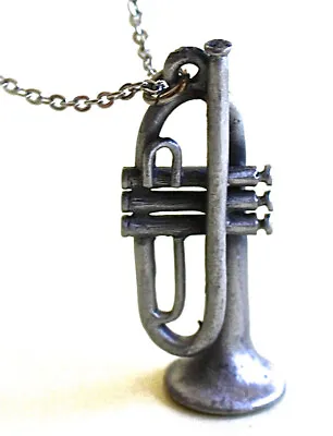 Pewter Trumpet Musical Instrument Charm Necklace Silver Tone Chain • $9.95