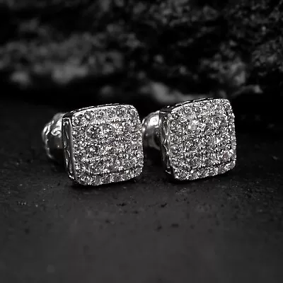 Men's Small 925 Sterling Silver Iced Square Cube Shape Hip Hop Cz Stud Earrings • $22.99