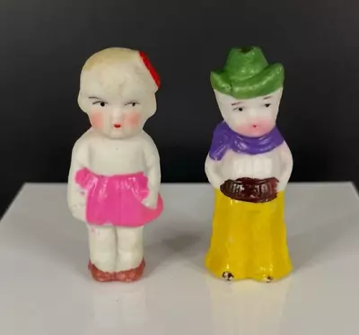 Vintage Boy Dressed As Cowboy And Girl In Pink Skirt Porcelain Figurines - Japan • $15.99