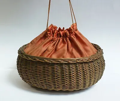 £25 • Buy Vintage Wicker Basket With Orange Silk Drawstring Cover, French Egg Basket?