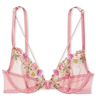 $70 Victoria’s Secret Very Sexy Unlined Rose Embroidered Demi Bra Sheer Mesh Nwt • $21.75