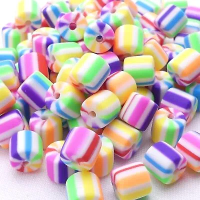 £3.99 • Buy 100 Rainbow Polymer Clay Barrel Beads - 100 Rainbow Beads - Jewellery Making