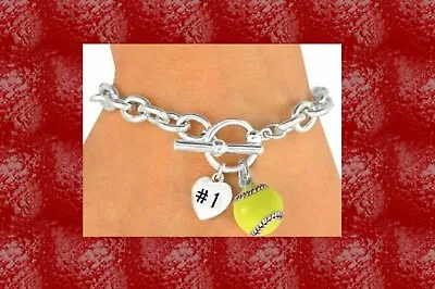 SOFTBALL Bracelet Yellow Ball #1 Heart Sport High School Mother Friend Jewelry • $5.50