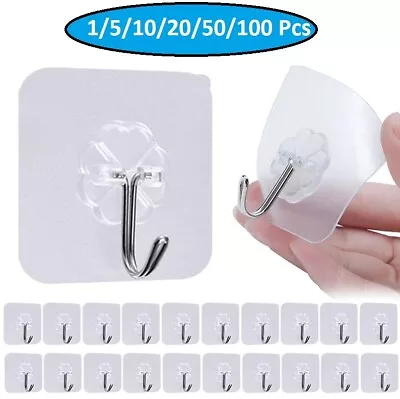 £24.99 • Buy 1-100 Coat Hooks Adhesive Strong Sticky Heavy Duty Wall Seamless Transparent