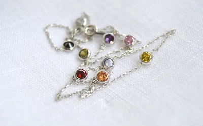 $130.49 • Buy 14K White Gold Over By The Yard Colored Gemstone 18  Chain Bezel Set Necklace
