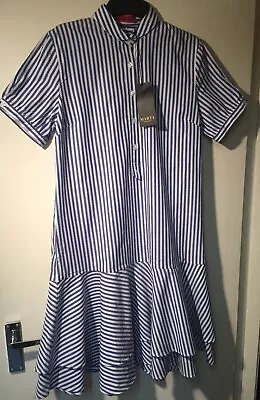 NEW Womens Marta Jonsson Blue Pinstripe UK 12 EU Medium Frill Hem Designer Dress • £24.99