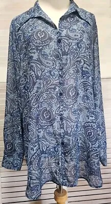 Venezia Jeans Clothing Size 18/20 Blue Paisley Long Sleeve Semi Sheer Button Top • $9