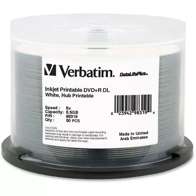 Verbatim DVD+R DL 8.5GB 8X DataLifePlus White InkJet Printable Hub Printable - • $81.26