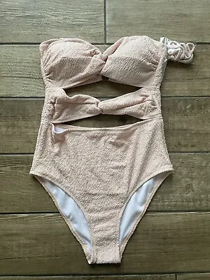 Bnwt Boohoo Swimming Costume Uk 10 Padded Thick Textured Cut Out Middle Blush • £10.99