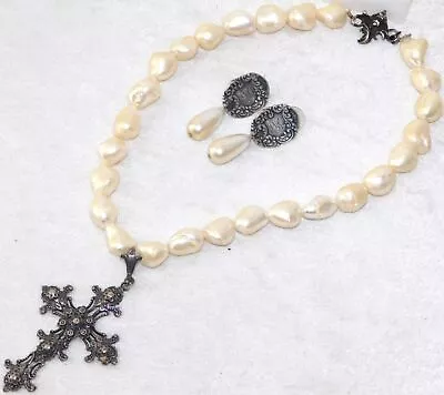 Vintage Foree Hunsicker Sterling Silver Cross Baroque Pearl Necklace Earring Set • $99.99