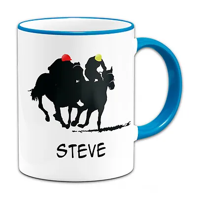 Personalised (Any Name) Horse Racing Sillouette Gift Mug-Light Blue • £7.99