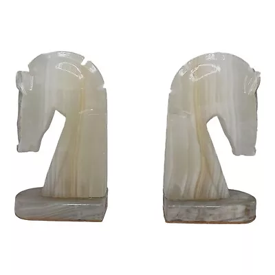 Vintage 6  Carved Alabaster Onyx Marble Stone Trojan Horse Head Bookends Pair • $27.61