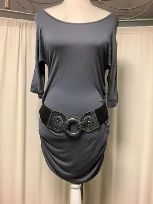 Vintage Boat Neck 3/4 Sleeve Ruched Attached Front Belt Keyring Blouse Top S • $30