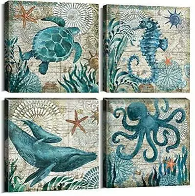 Bathroom Decor Wall Art Beach Theme Décor Accessories Teal Nautical Canvas   • $27.06