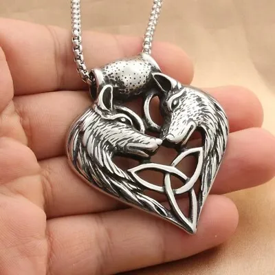 Celtic Viking Wolves Trinity Knot Pendant Necklace Men's Jewelry Chain 24  Gift • $11.99