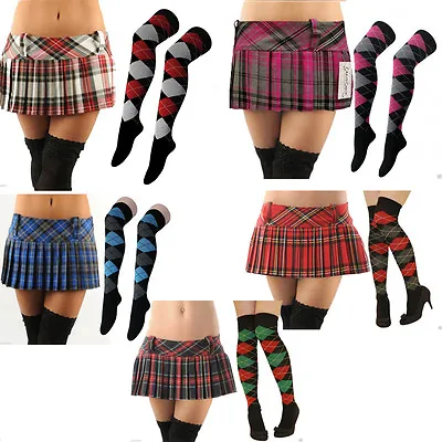 Ladies Hen Fancy Dress Party Golf Mini Tartan Skirt Club Pub Top Knee Socks Set • £17.99