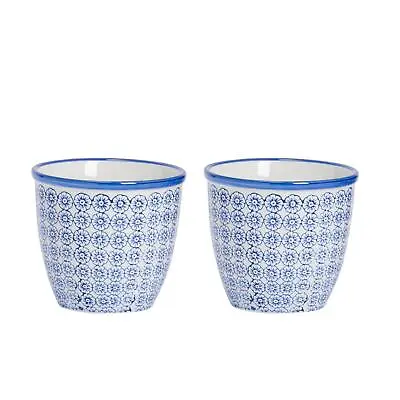 2x Hand-Printed Plant Pots Japanese Porcelain Garden Flower Planter 14cm Navy • £14