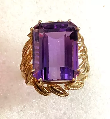 VTG 14k Gold Amethyst Ring Emerald Cut Big Solitaire Cocktail 20 Ct Sz 8 8g 3824 • $285