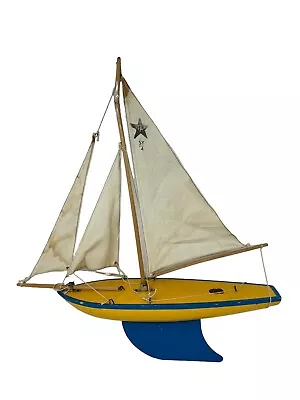 Vintage Star Pond Yacht SY4 Wood Toy Sail Boat Birkenhead England ~ Yellow/Blue • $49.95