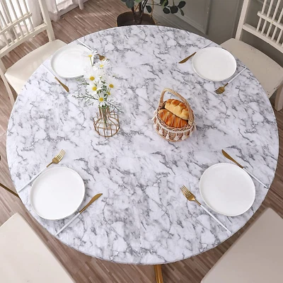 $23.03 • Buy Round Vinyl Fitted Tablecloth With Flannel Backing Elastic Table Cover Marble