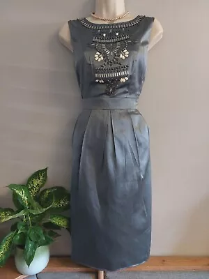 Monsoon Silver Dress Size 12 Satin Silk 50s 40s Audrey Hepburn Beaded Occasion  • £18