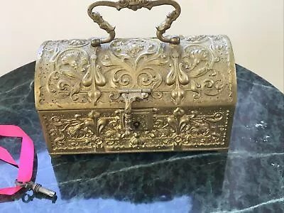 Antique French German Bronze Jewel Box Chest C.1890 Art Nouveau W Key • $350