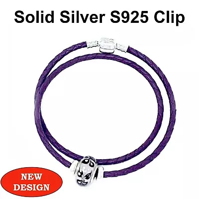 Double Leather Bracelet With S925 Silver Clip Stoppers & Murano Charm  Purple • £14.99