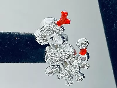 Vtg. Red Enamel & Textured Silver Tone French Poodle Dog & Bow Brooch 382 • $0.99