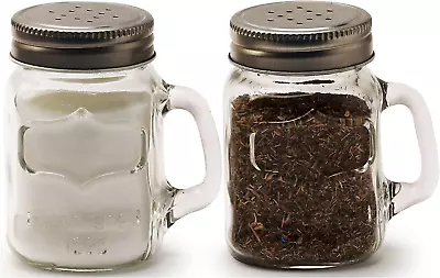 Glass Mini Mason Jar Mug Salt And Pepper Shakers With Handles & Metal Lids Kitc • $23.26