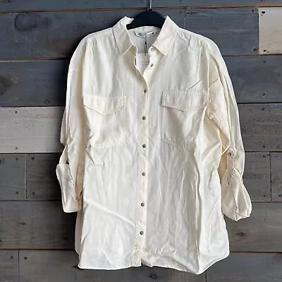 NWT ZARA Lyocell Basic Button Up Collared Shirt With Pockets Tabbed Sleeves M • $40.09