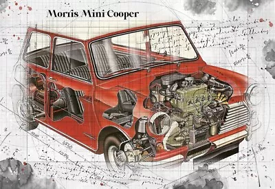 Line Tech Drawing  Morris Mini Cooper  Auto Car Classic Cutaway Art Poster Print • £8.99