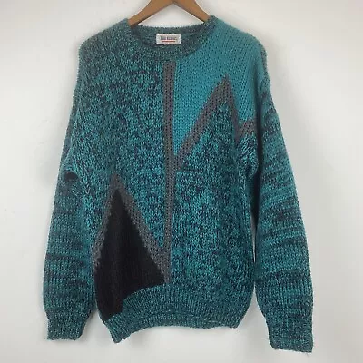 Vintage Brad Richards Hand Knits Size Large Men’s Teal Black Abstract Sweater • $49.90