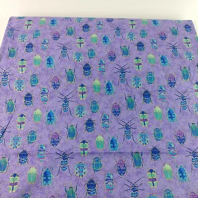 Fantasia Beetles Purple Shimmer Fabric Multi Bugs Gold Metallic Background BTY • $11.99