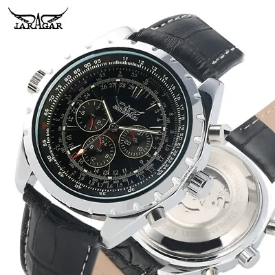 JARAGAR Mens Watch Automatic Mechanical Watches Luxury Black Leather Wristwatch • £26.44