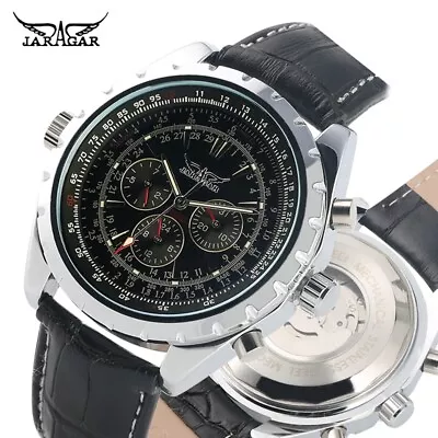 JARAGAR Mens Watch Automatic Mechanical Watches Luxury Black Leather Wristwatch • £27.83