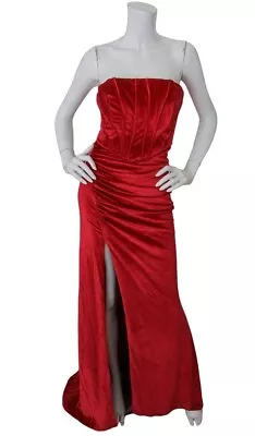 Portia Scarlett Red Velvet Strapless Slit Front Ruched Evening Gown Womens 4 • $149.95