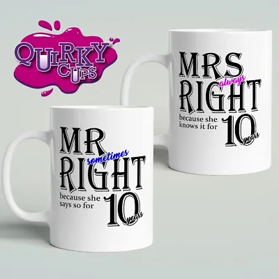 10th | 10 Years Wedding Anniversary Mr & Mrs Right Coffee Mug Set Couple Gift • £14.75