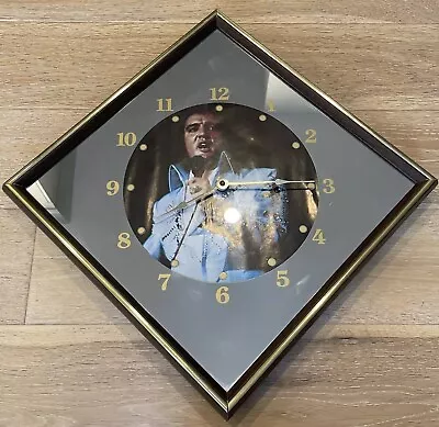 Vintage 1972 Elvis Presley DIAMOND Mirror Ticking Clock 15  X 15  Blue Jumpsuit • $49.99