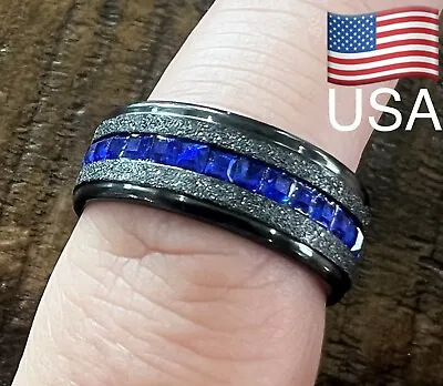 USA Black Titanium Men's Ring Black Brushed Blue Center Wedding Band Ring Size 7 • $19.99