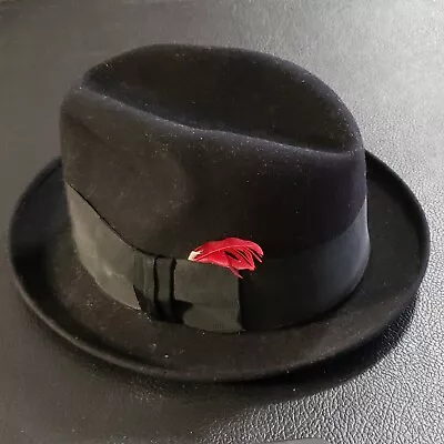 Mallory Fifth Avenue Felted Fedora Hat-Black W/red Feather-sz 6 7/8-men's • $19.95