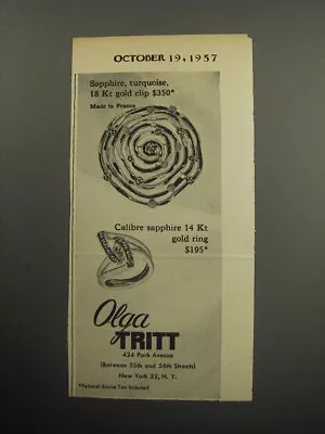 1957 Olga Tritt Jewelry Advertisement - Sapphire Turquoise 18 Kt Gold Clip • $19.99