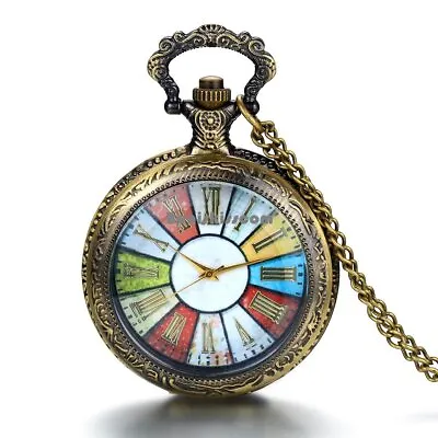 Retro Bronze Tone Wheel Rome Steampunk Quartz Pocket Watch Pendant Necklace • $11.99