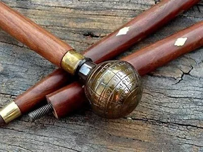 Walking Stick Globe Head Handle Nautical Brass Three Fold Wooden Cane For Unisex • $22.02