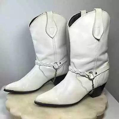 Women's Oak Tree Farms Sz 7.5 White Leather Braided Stirrup Western Boots • $59