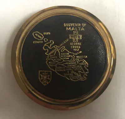 VINTAGE Gold Tone Brass Malta Souvenir Powder Compact • £11.79