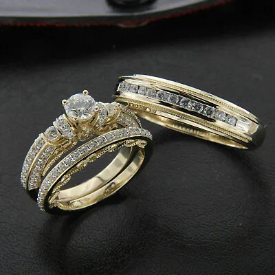 Couple Matching Wedding Rings Set 14K Yellow Gold Over 2.8 Ct Simulated Diamond • $151.74